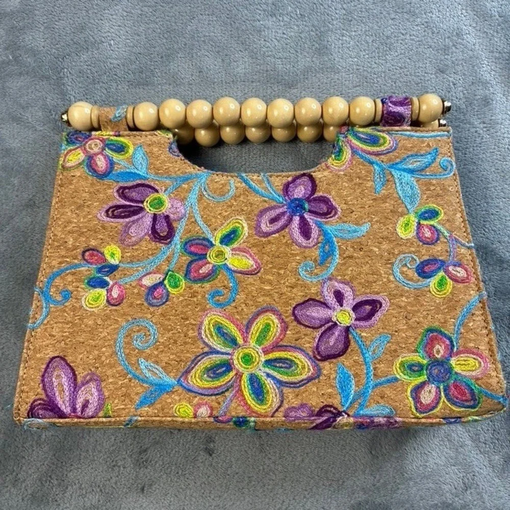 Floral Embroidered Cork Handbag Wooden Bead‎ Top Handle Satchel Tan Multi